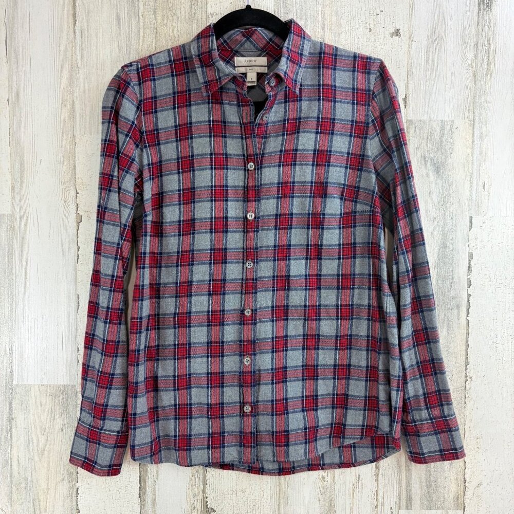 J Crew Womens Sz 6 Boy Fit Plaid Flannel Button Down Shirt Gray Red
